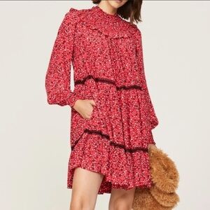 Scotch & Soda x Anthropologie Allover Print Midi Red Print Long Sleeve Dress XS